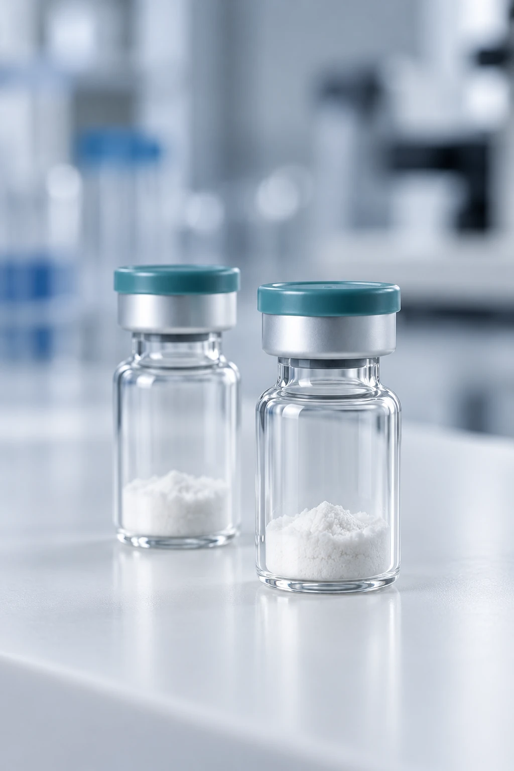 Two unbranded vials with teal caps