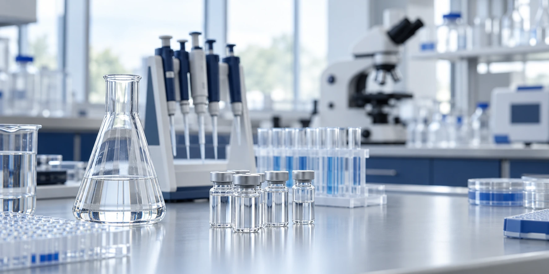 Laboratory bench with glassware and vials