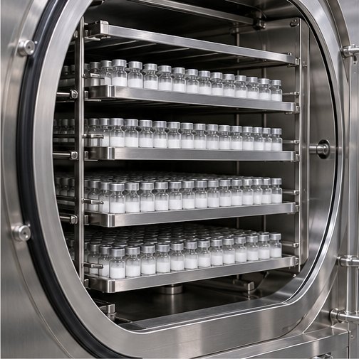 Vials on lyophilizer shelves