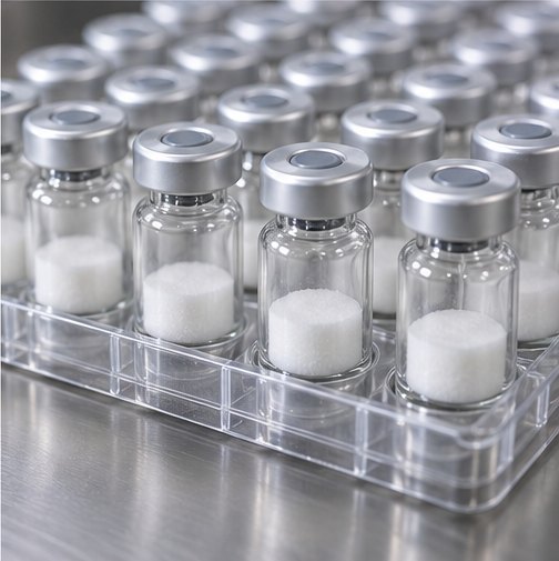 Sealed lyophilized peptide vials in a tray
